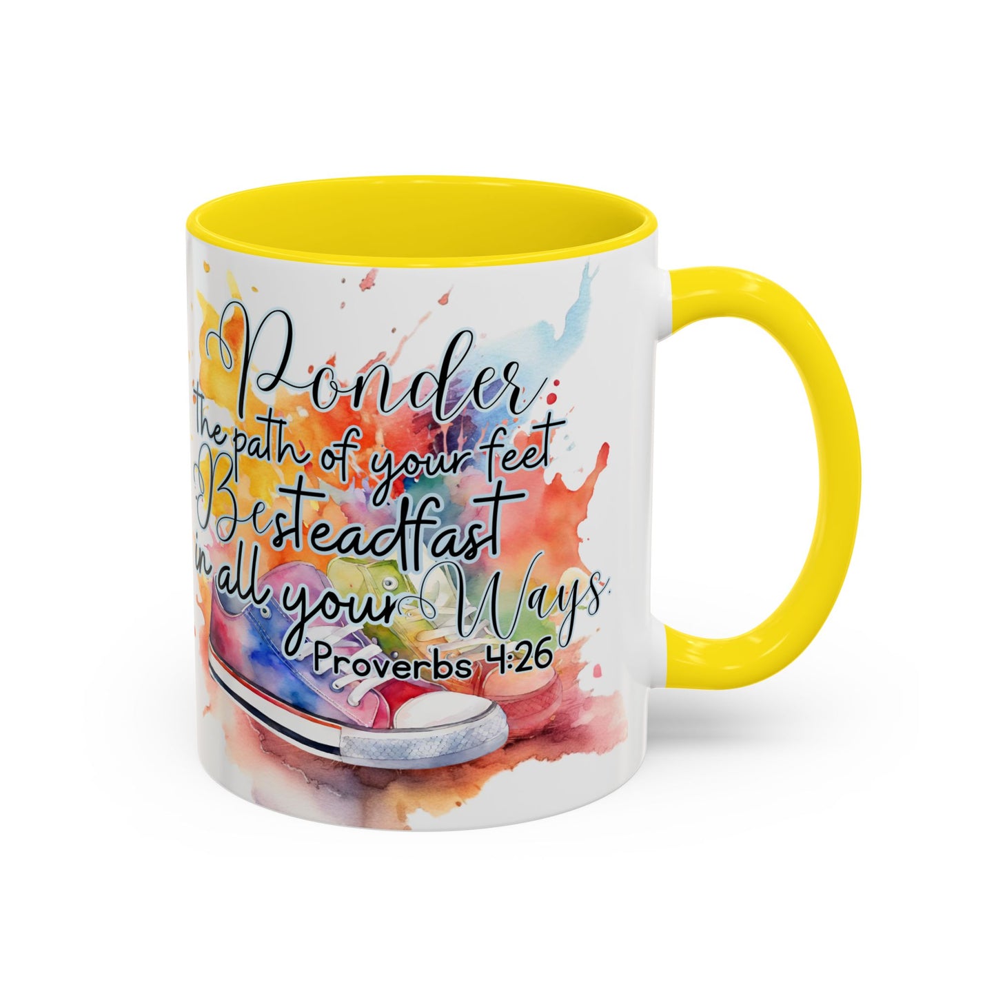 Accent Coffee Mug — Proverbs 4:26 'Ponder the Path of Your Feet' Watercolor Inspirational Mug
