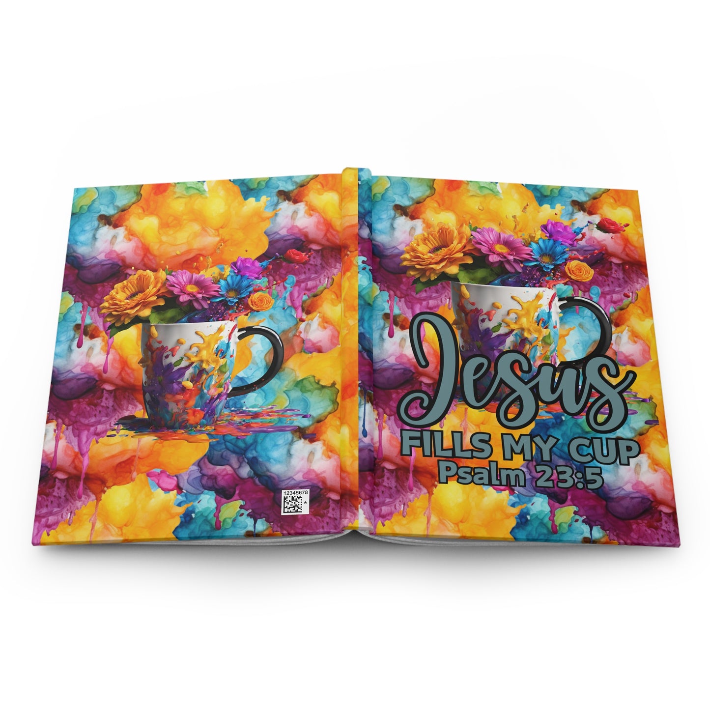 Christian Hardcover Journal — "Jesus Fills My Cup" Psalm 23:5 Floral Coffee Cup Notebook