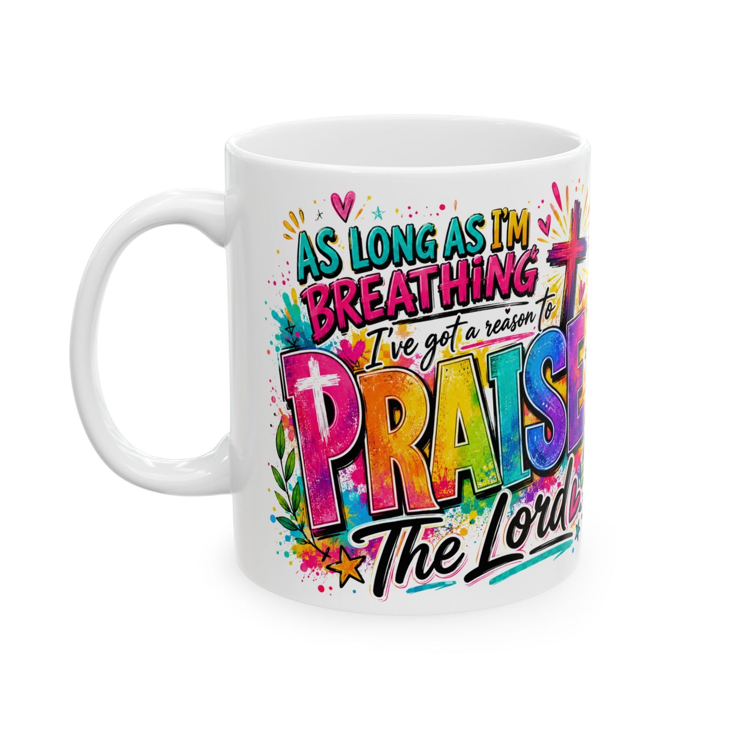 Praise Lord Christian Cross Mug | Colorful Faith Scripture Coffee Cup