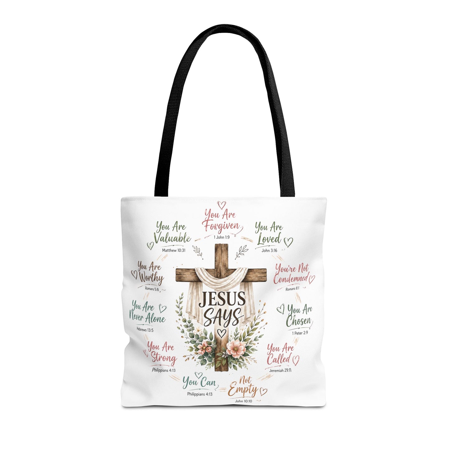 Jesus Says Cross Tote Bag | Christian Scripture Floral Design