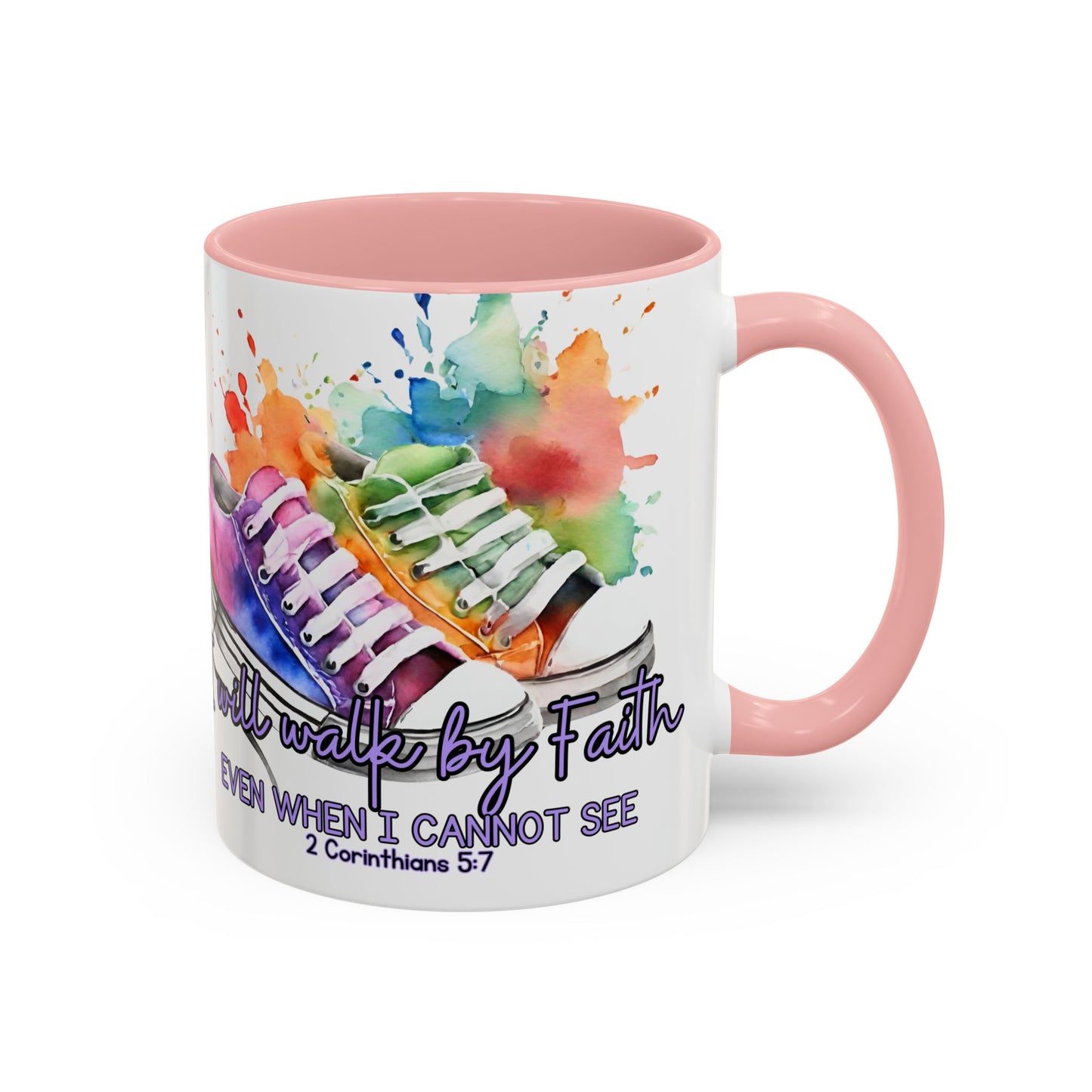 Accent Coffee Mug — "I Will Walk by Faith" Watercolor Sneakers Christian Gift (11/15oz)