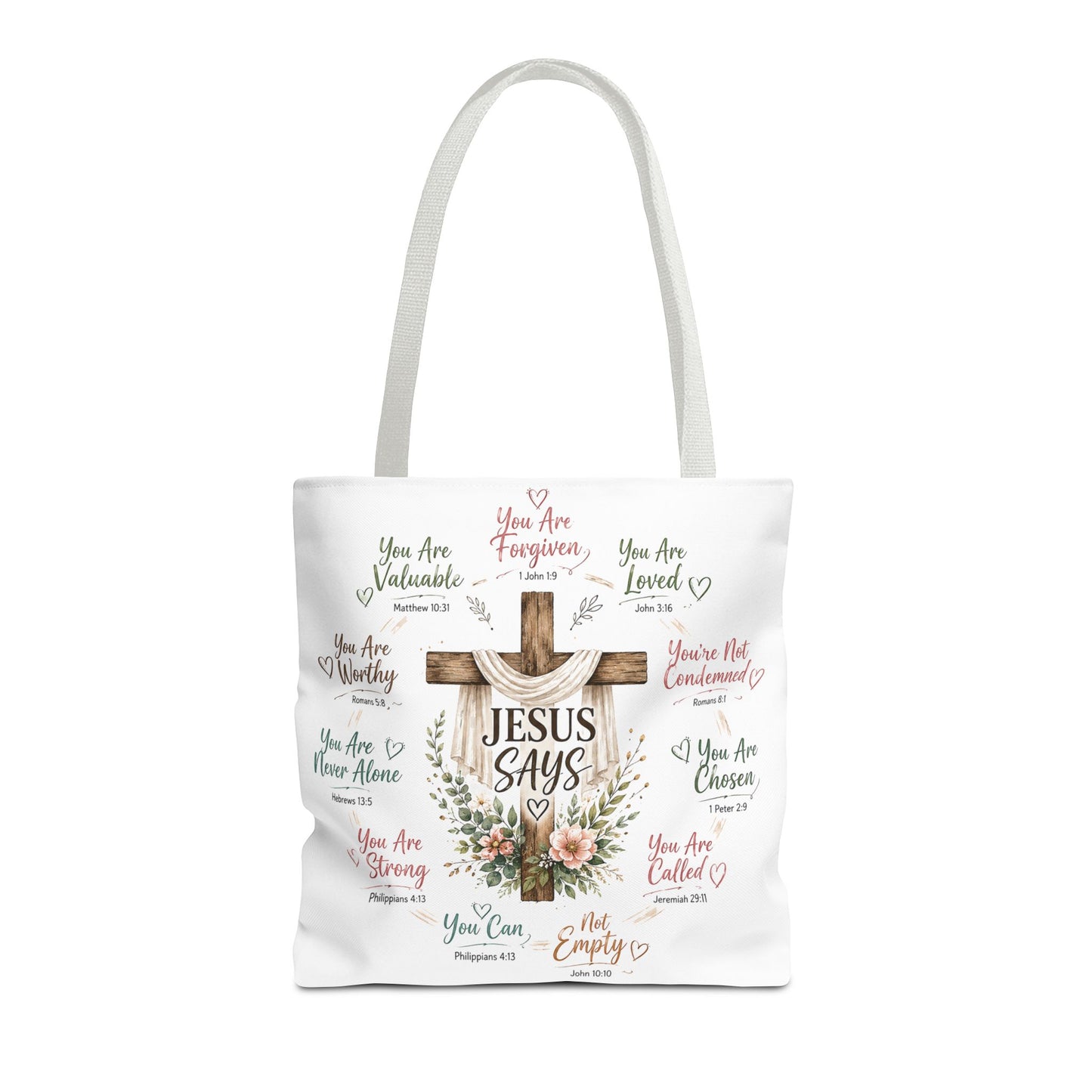 Jesus Says Cross Tote Bag | Christian Scripture Floral Design