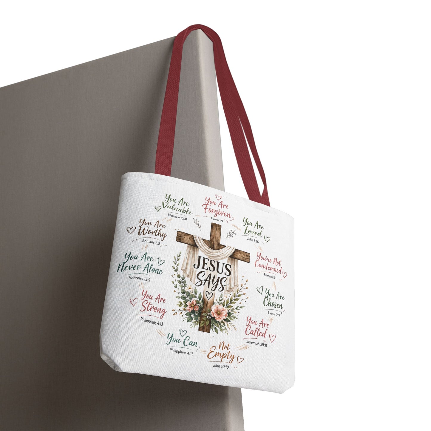 Jesus Says Cross Tote Bag | Christian Scripture Floral Design