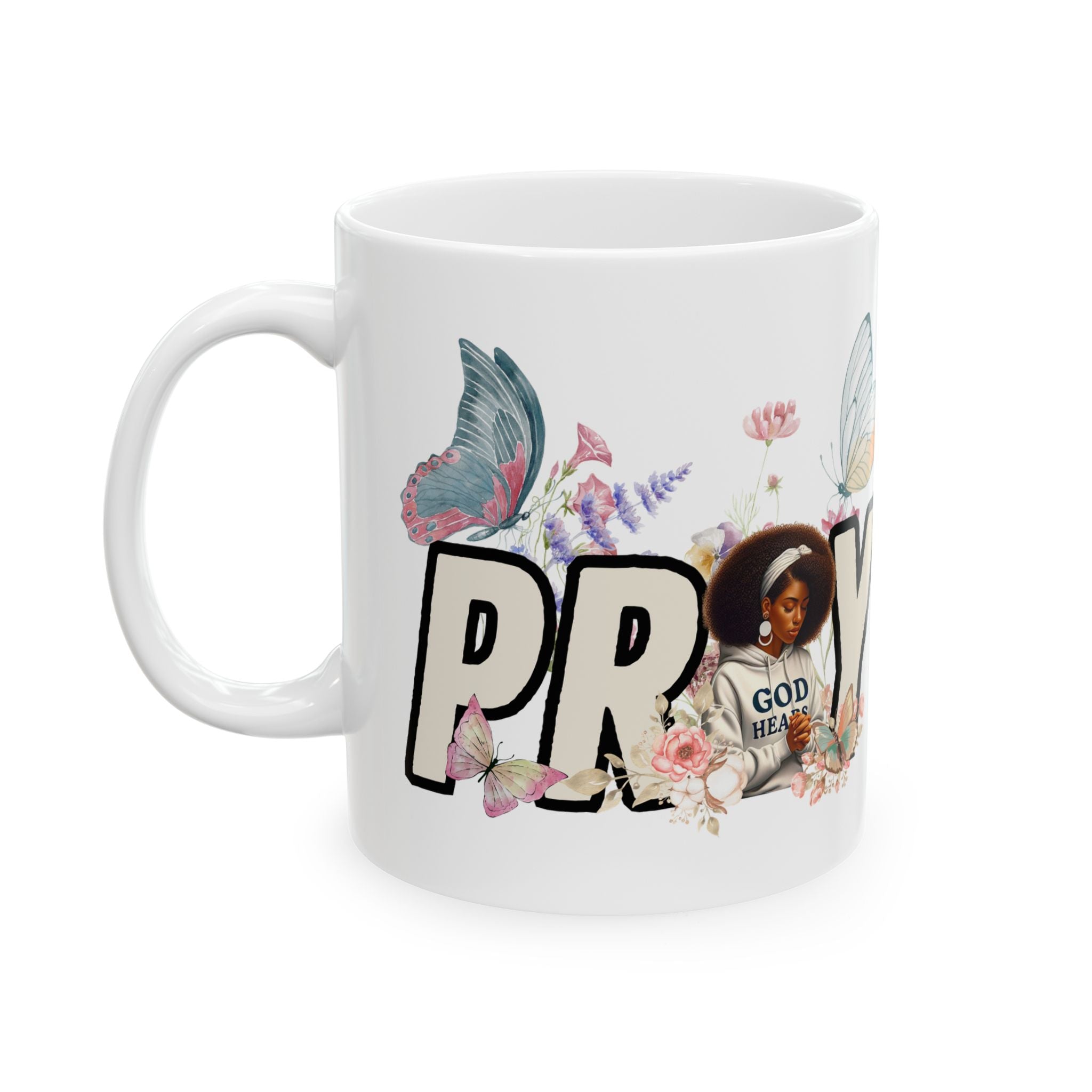 Prayerful Butterfly Ceramic Mug — 'Pray' Inspirational Floral Coffee Cup (11oz & 15oz)
