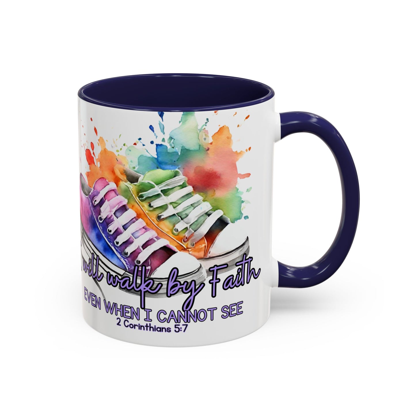 Accent Coffee Mug — "I Will Walk by Faith" Watercolor Sneakers Christian Gift (11/15oz)