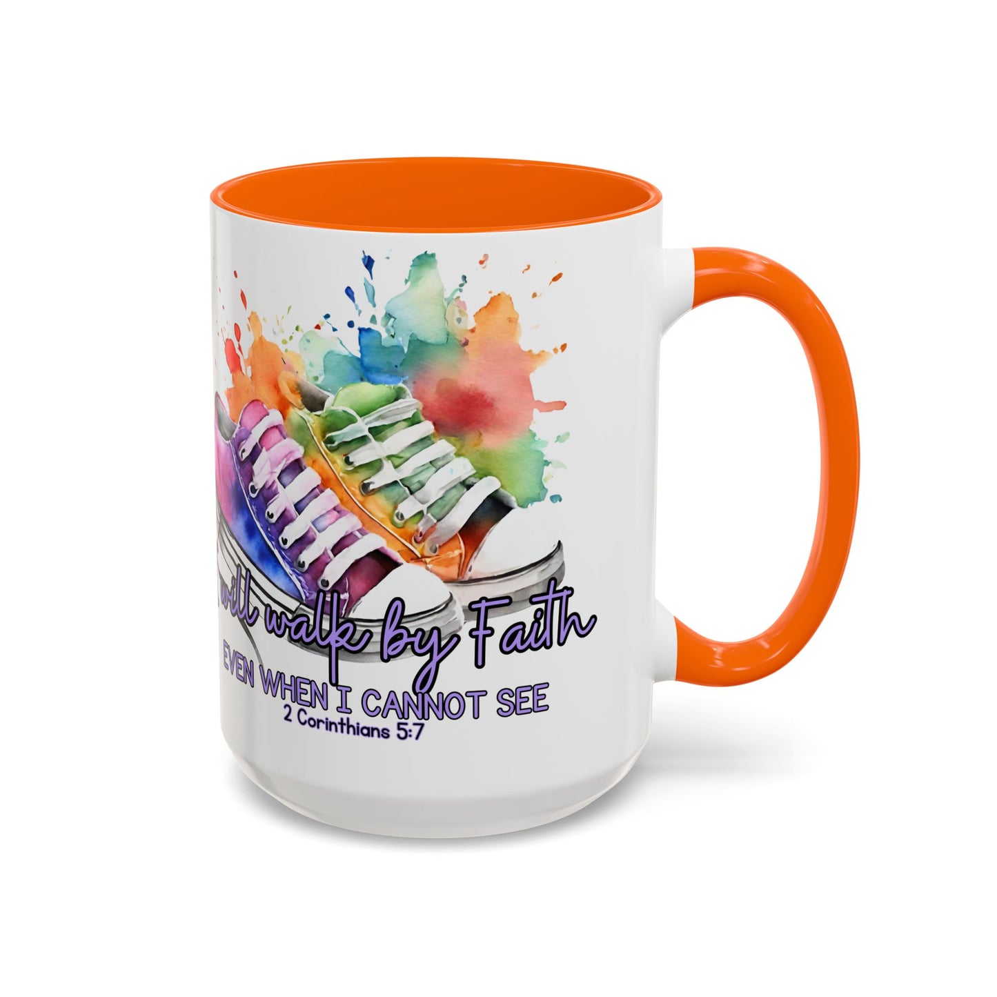 Accent Coffee Mug — "I Will Walk by Faith" Watercolor Sneakers Christian Gift (11/15oz)