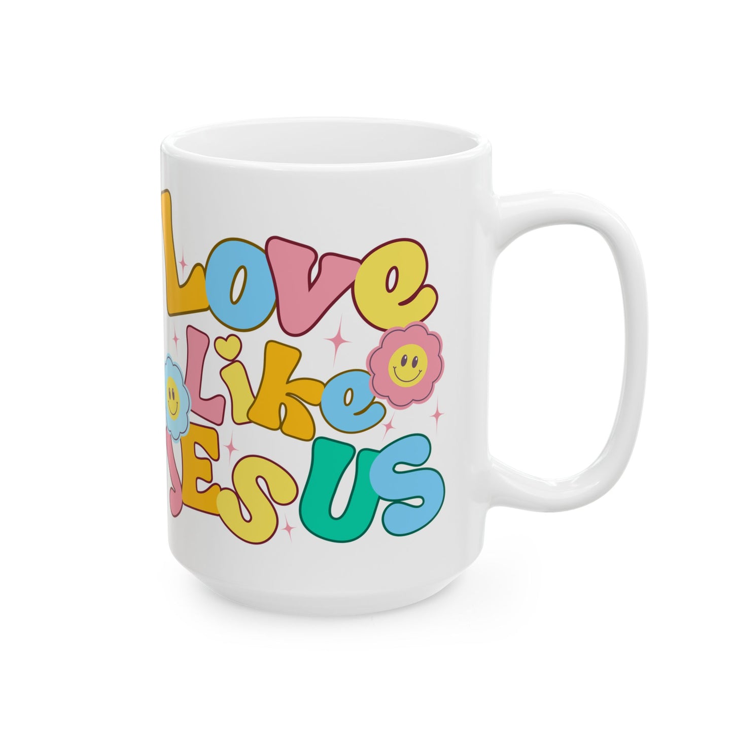 Retro 'Love Like Jesus' Ceramic Mug — Colorful Smiley Flower Faith Coffee Cup (11oz/15oz)