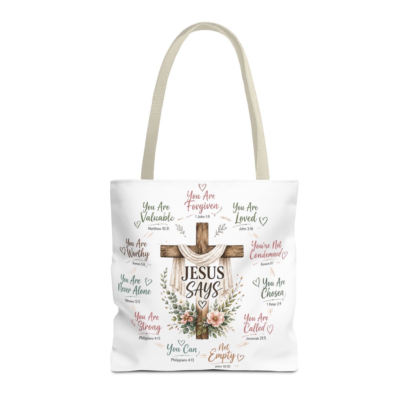 Jesus Says Cross Tote Bag | Christian Scripture Floral Design