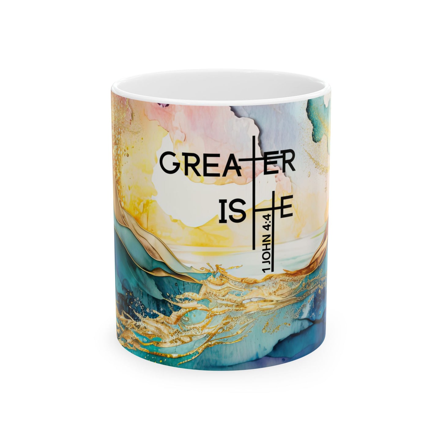 Inspirational Ceramic Mug — “Greater is He” Bible Verse Coffee Cup (11oz/15oz)