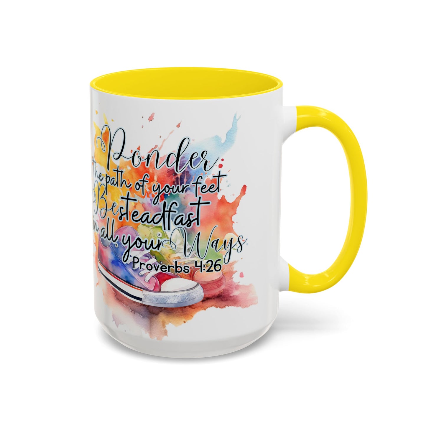Accent Coffee Mug — Proverbs 4:26 'Ponder the Path of Your Feet' Watercolor Inspirational Mug