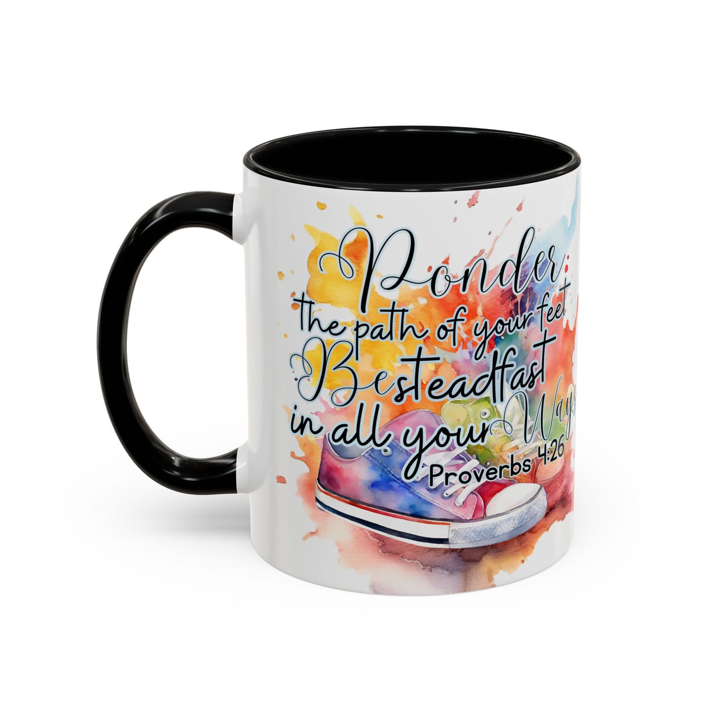Accent Coffee Mug — Proverbs 4:26 'Ponder the Path of Your Feet' Watercolor Inspirational Mug