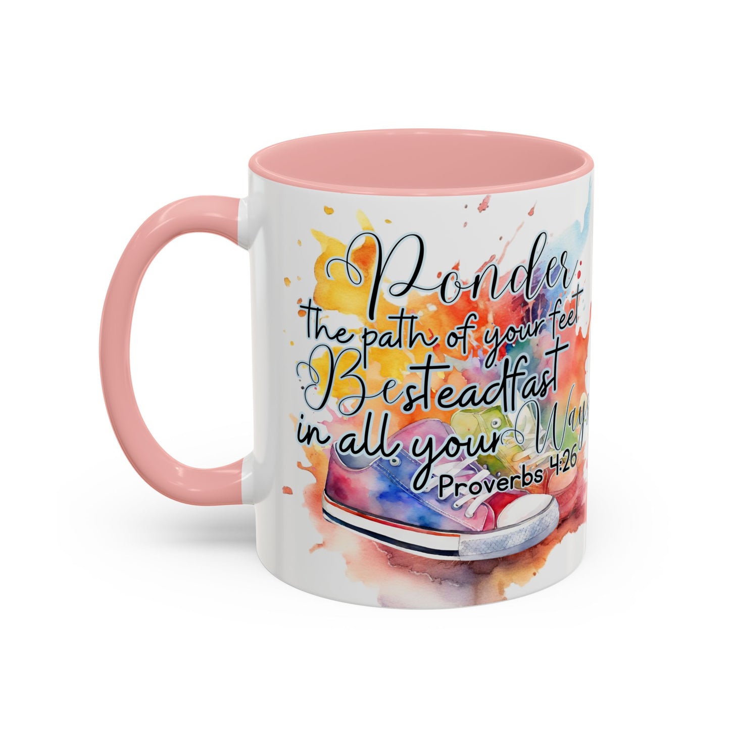Accent Coffee Mug — Proverbs 4:26 'Ponder the Path of Your Feet' Watercolor Inspirational Mug