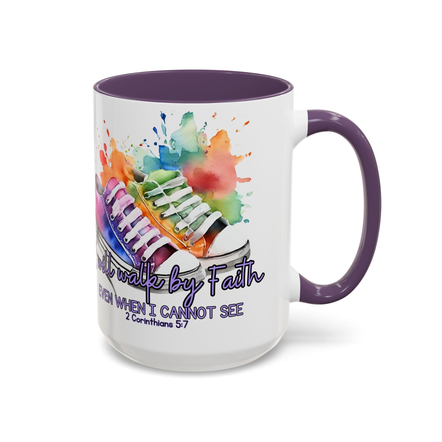 Accent Coffee Mug — "I Will Walk by Faith" Watercolor Sneakers Christian Gift (11/15oz)