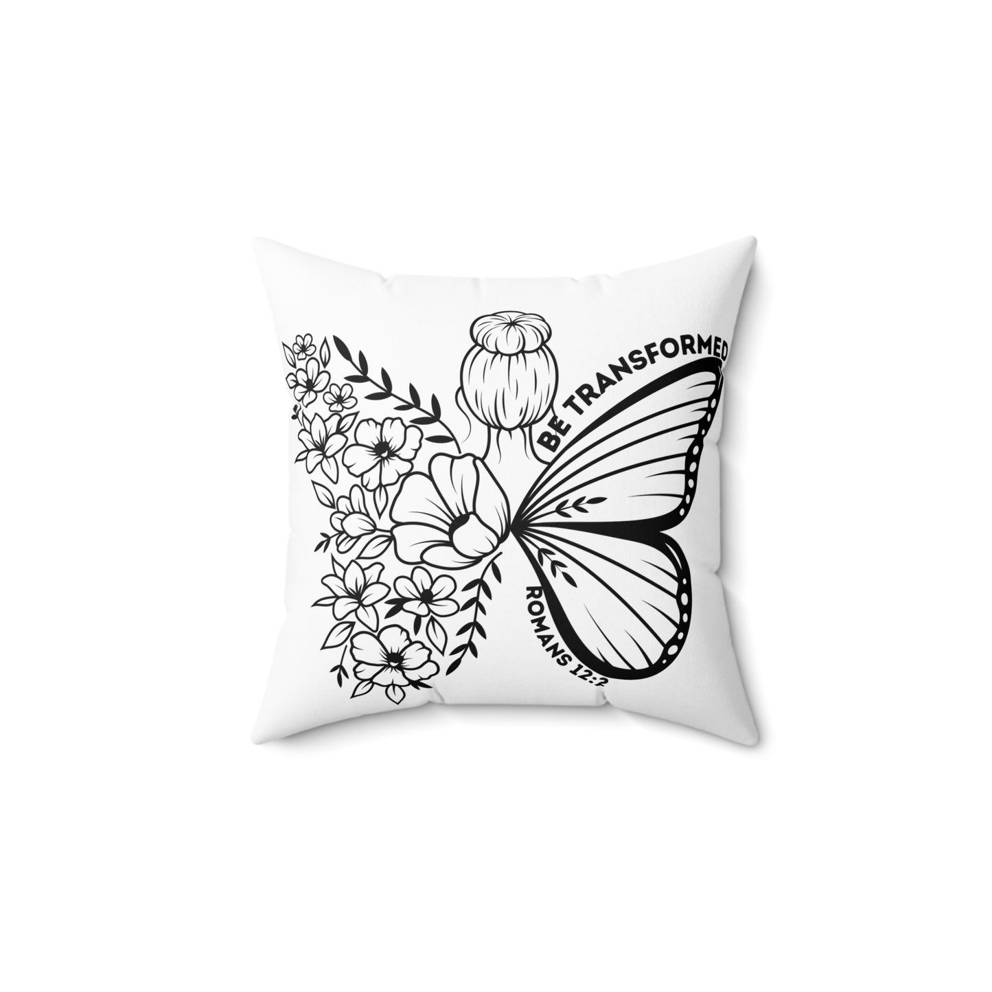 Butterfly Floral Pillow – “Be Transformed” Decorative Throw Pillow (Romans 12:2)