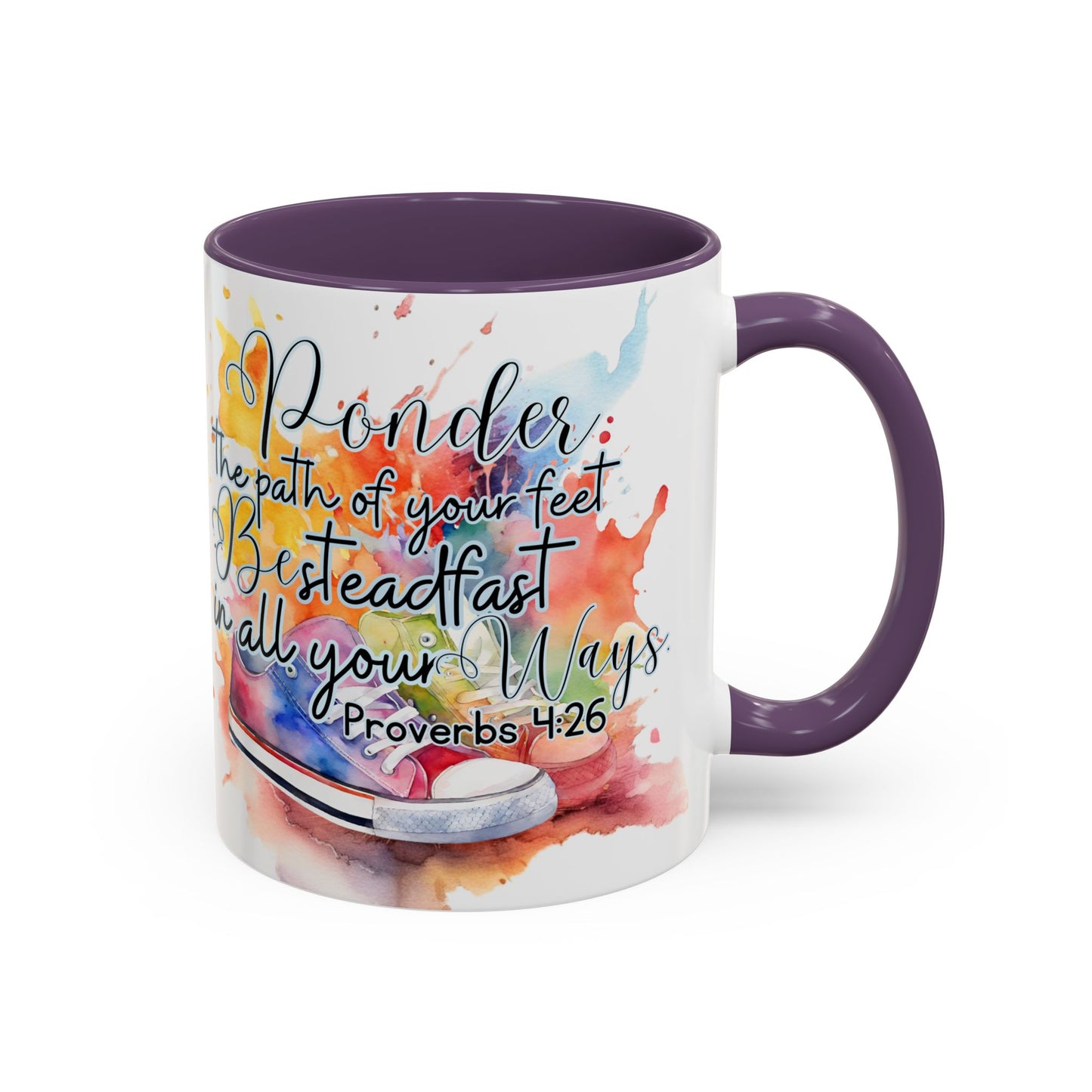 Accent Coffee Mug — Proverbs 4:26 'Ponder the Path of Your Feet' Watercolor Inspirational Mug