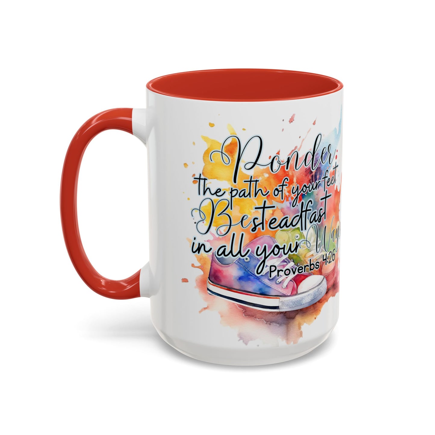 Accent Coffee Mug — Proverbs 4:26 'Ponder the Path of Your Feet' Watercolor Inspirational Mug