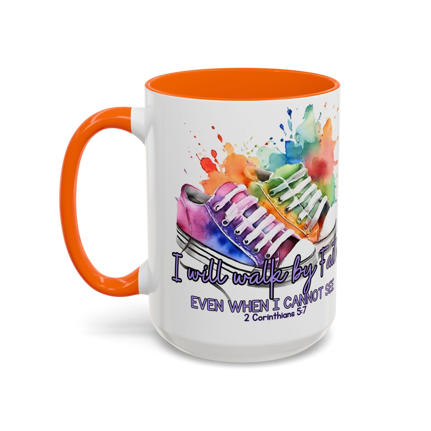 Accent Coffee Mug — "I Will Walk by Faith" Watercolor Sneakers Christian Gift (11/15oz)