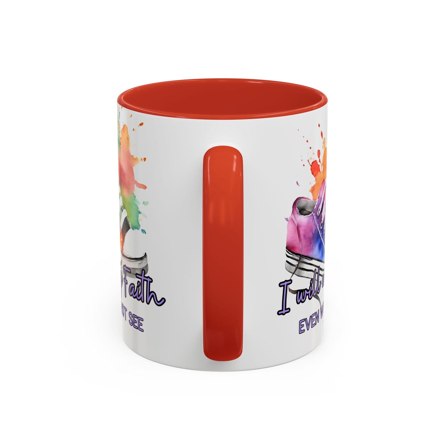 Accent Coffee Mug — "I Will Walk by Faith" Watercolor Sneakers Christian Gift (11/15oz)