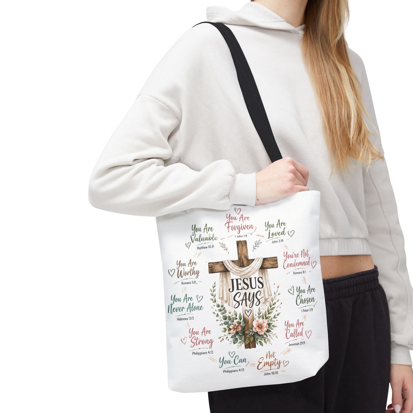 Jesus Says Cross Tote Bag | Christian Scripture Floral Design