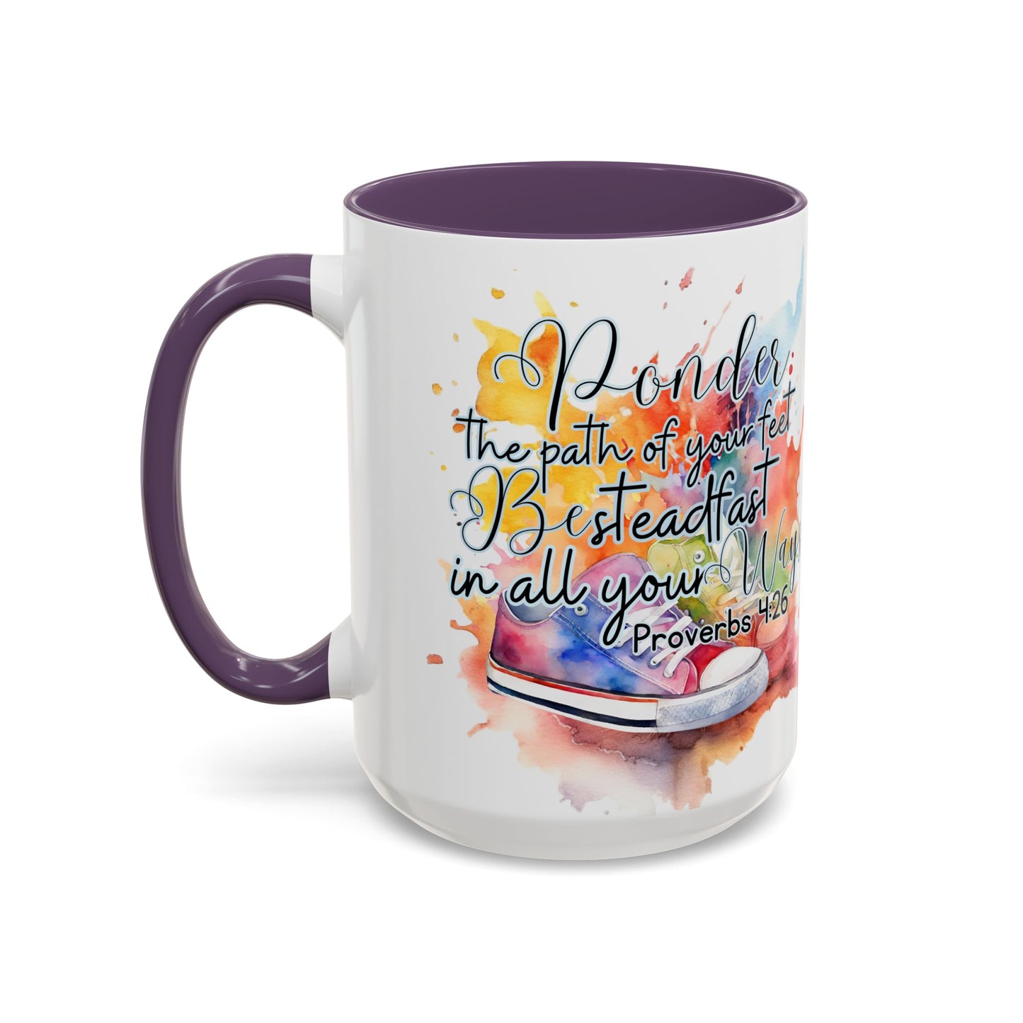 Accent Coffee Mug — Proverbs 4:26 'Ponder the Path of Your Feet' Watercolor Inspirational Mug