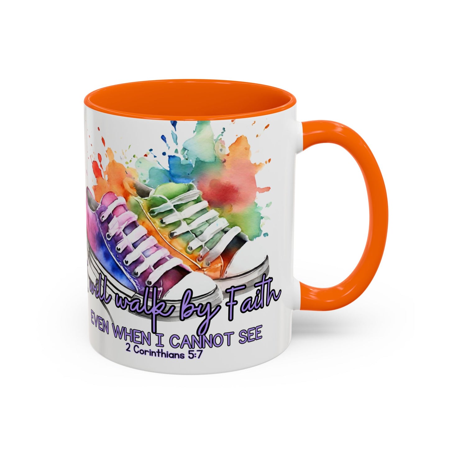 Accent Coffee Mug — "I Will Walk by Faith" Watercolor Sneakers Christian Gift (11/15oz)