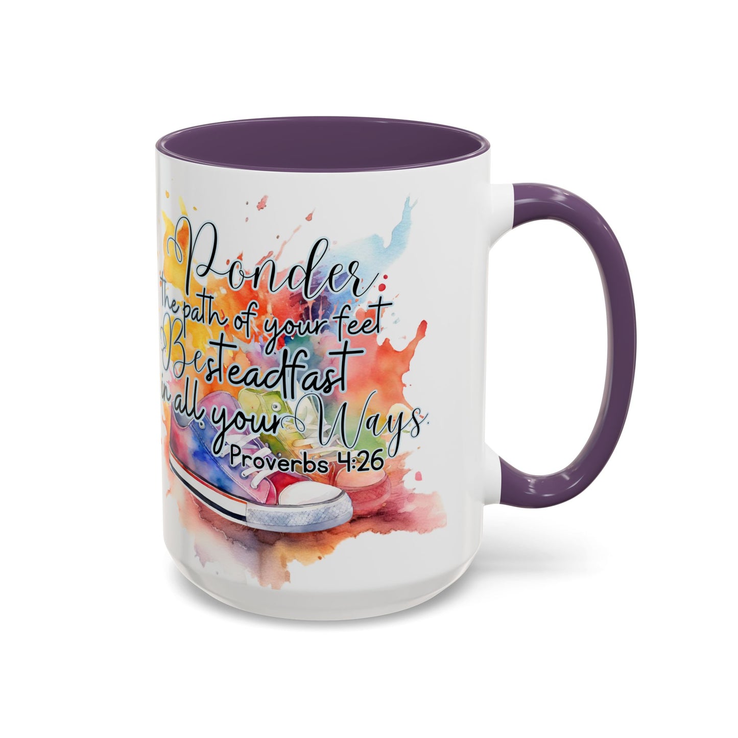Accent Coffee Mug — Proverbs 4:26 'Ponder the Path of Your Feet' Watercolor Inspirational Mug