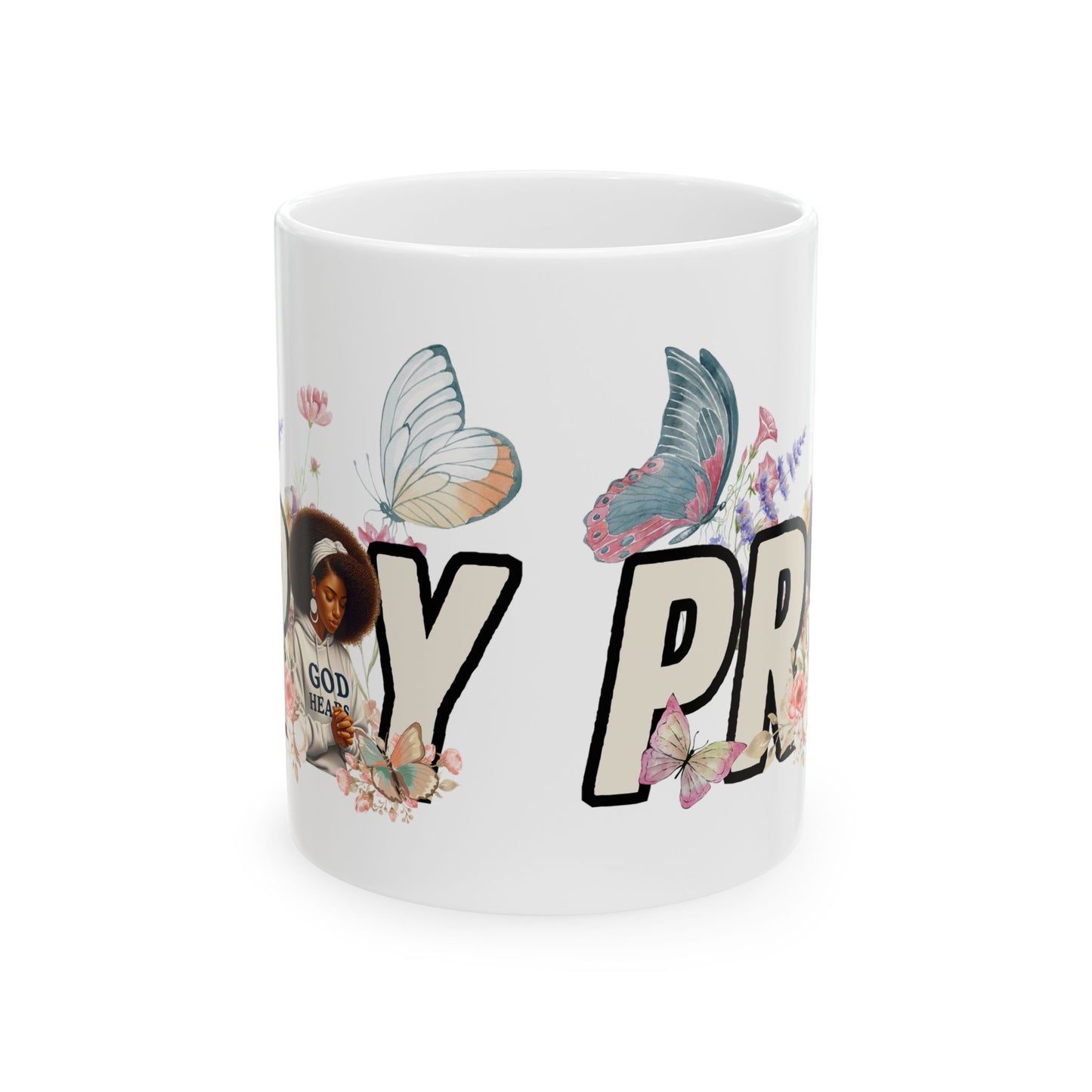 Prayerful Butterfly Ceramic Mug — 'Pray' Inspirational Floral Coffee Cup (11oz & 15oz)