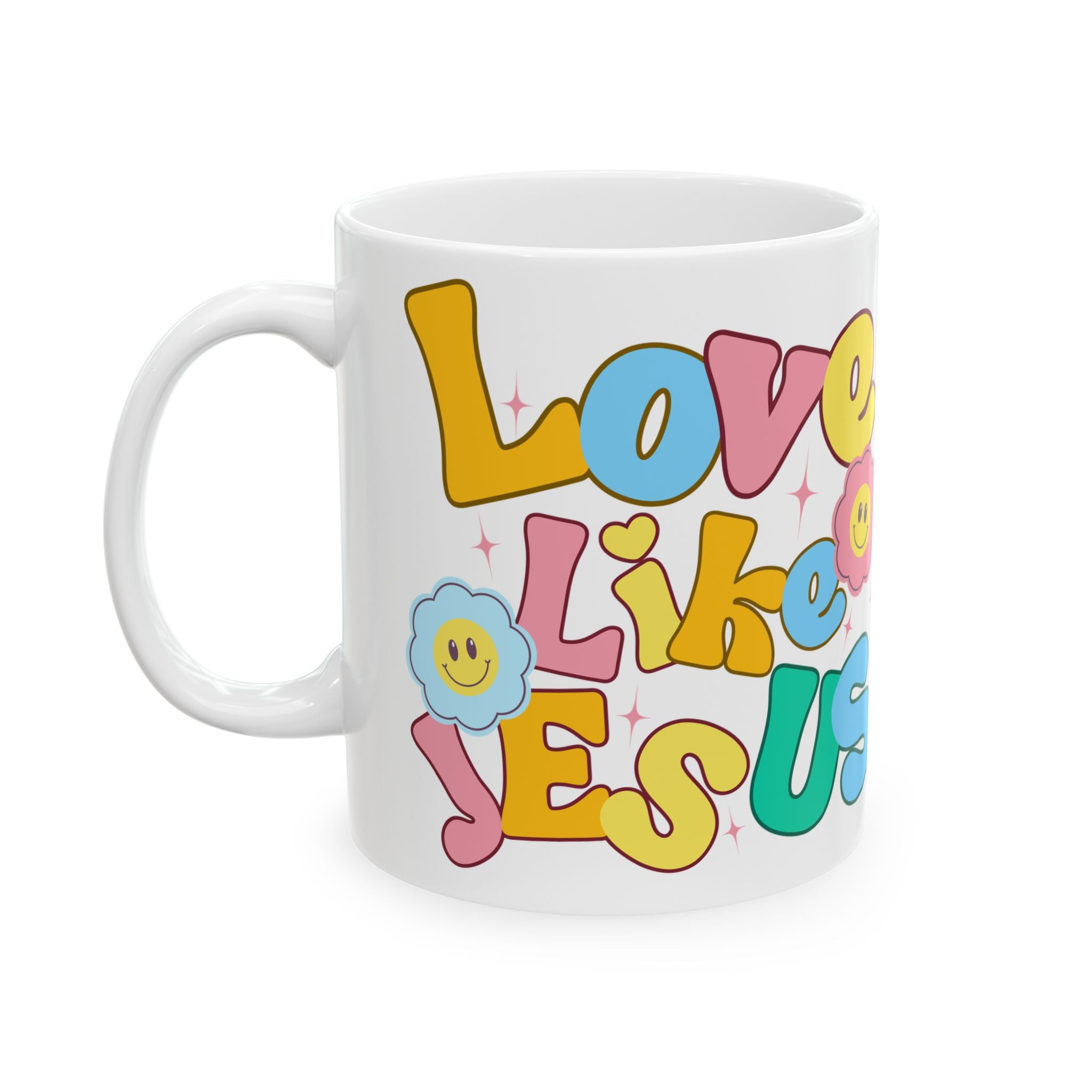 Retro 'Love Like Jesus' Ceramic Mug — Colorful Smiley Flower Faith Coffee Cup (11oz/15oz)