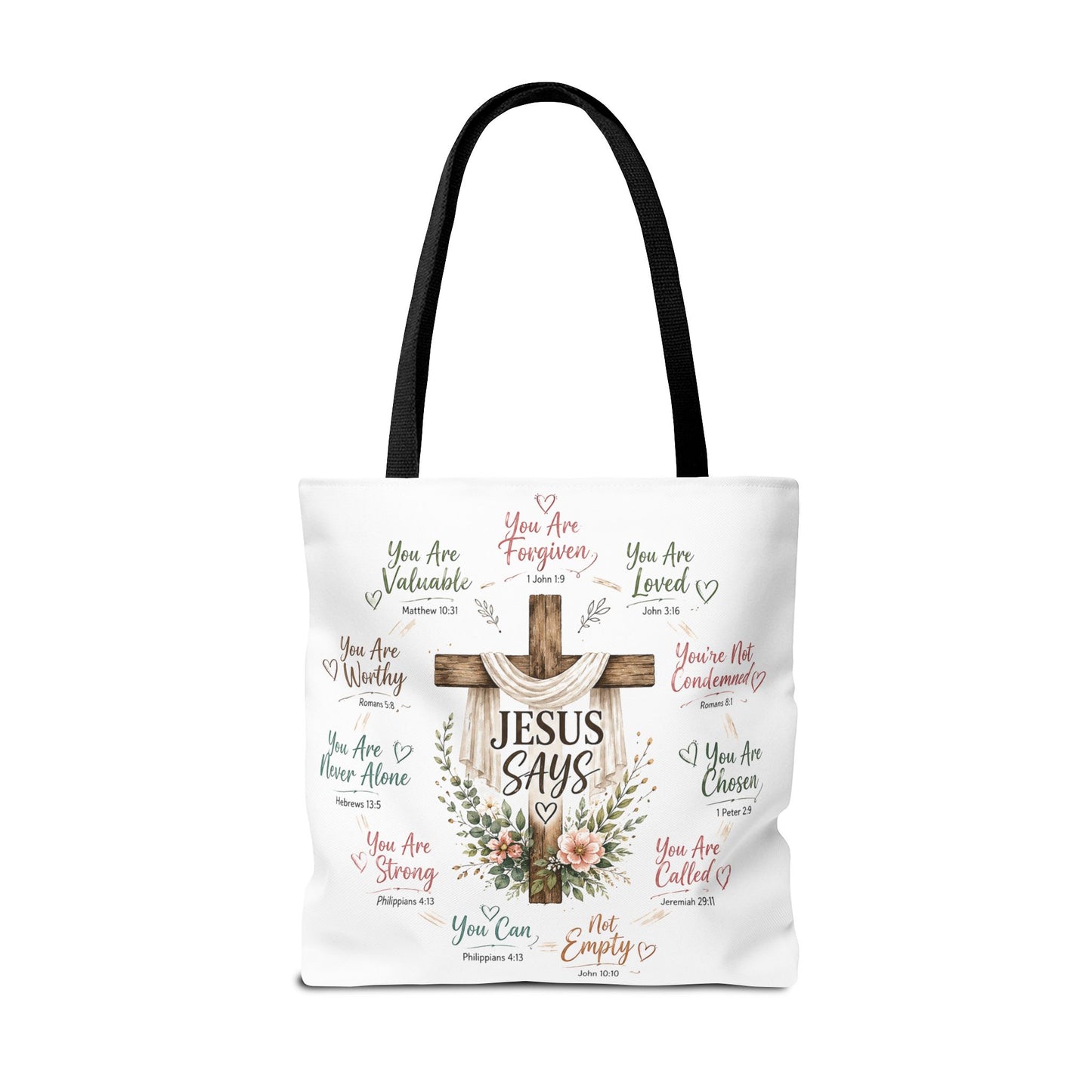 Jesus Says Cross Tote Bag | Christian Scripture Floral Design