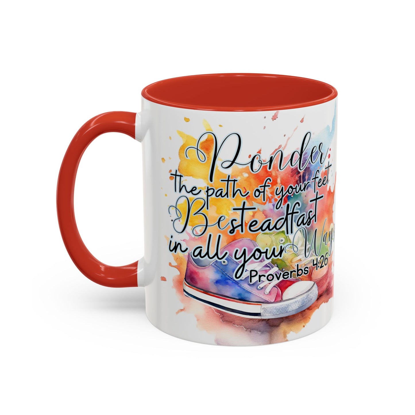 Accent Coffee Mug — Proverbs 4:26 'Ponder the Path of Your Feet' Watercolor Inspirational Mug