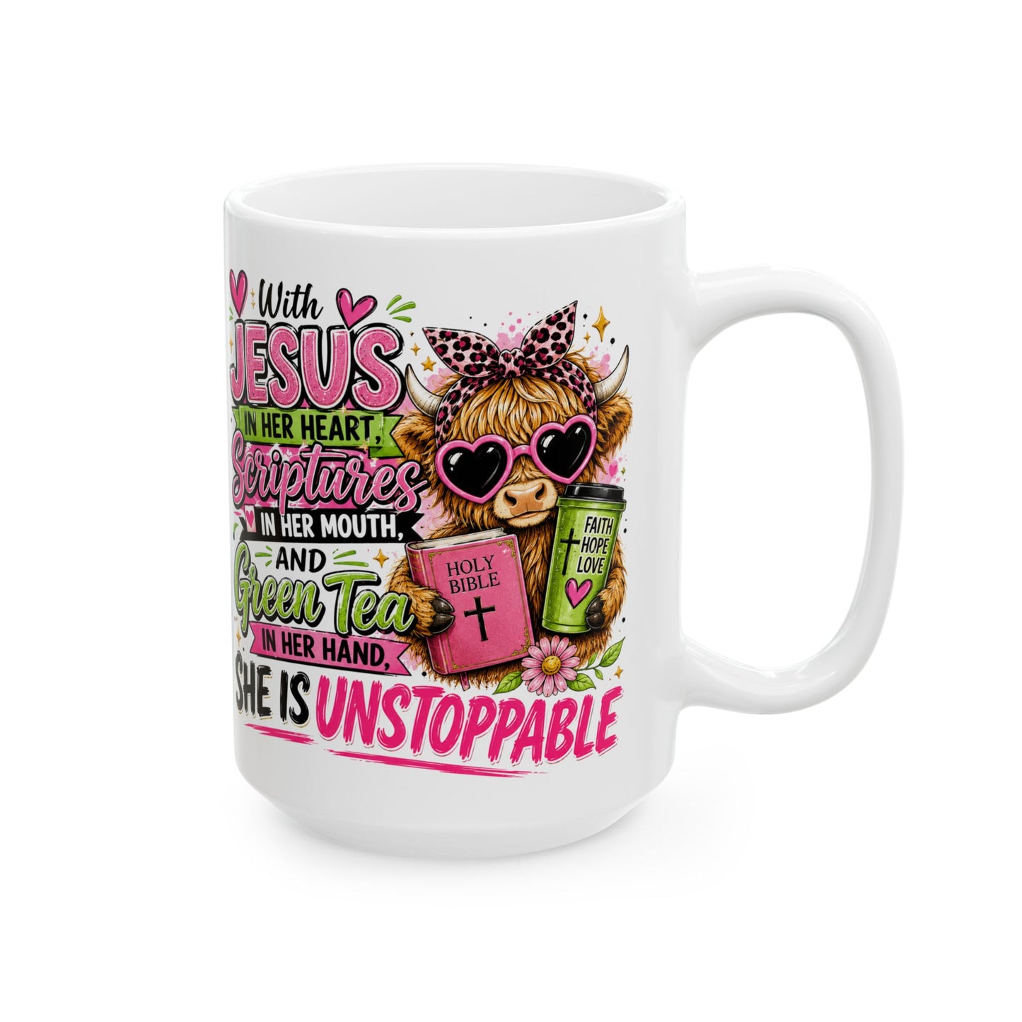 Christian Cow Illustration Mug | She Is Unstoppable Scripture Coffee Cup