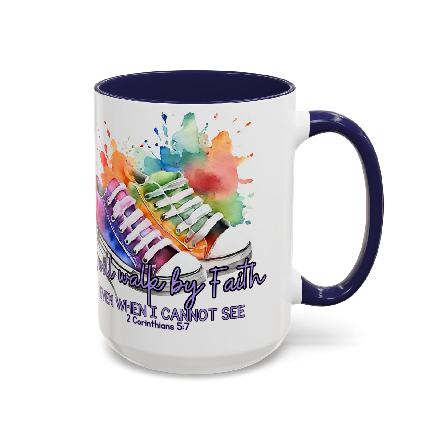 Accent Coffee Mug — "I Will Walk by Faith" Watercolor Sneakers Christian Gift (11/15oz)