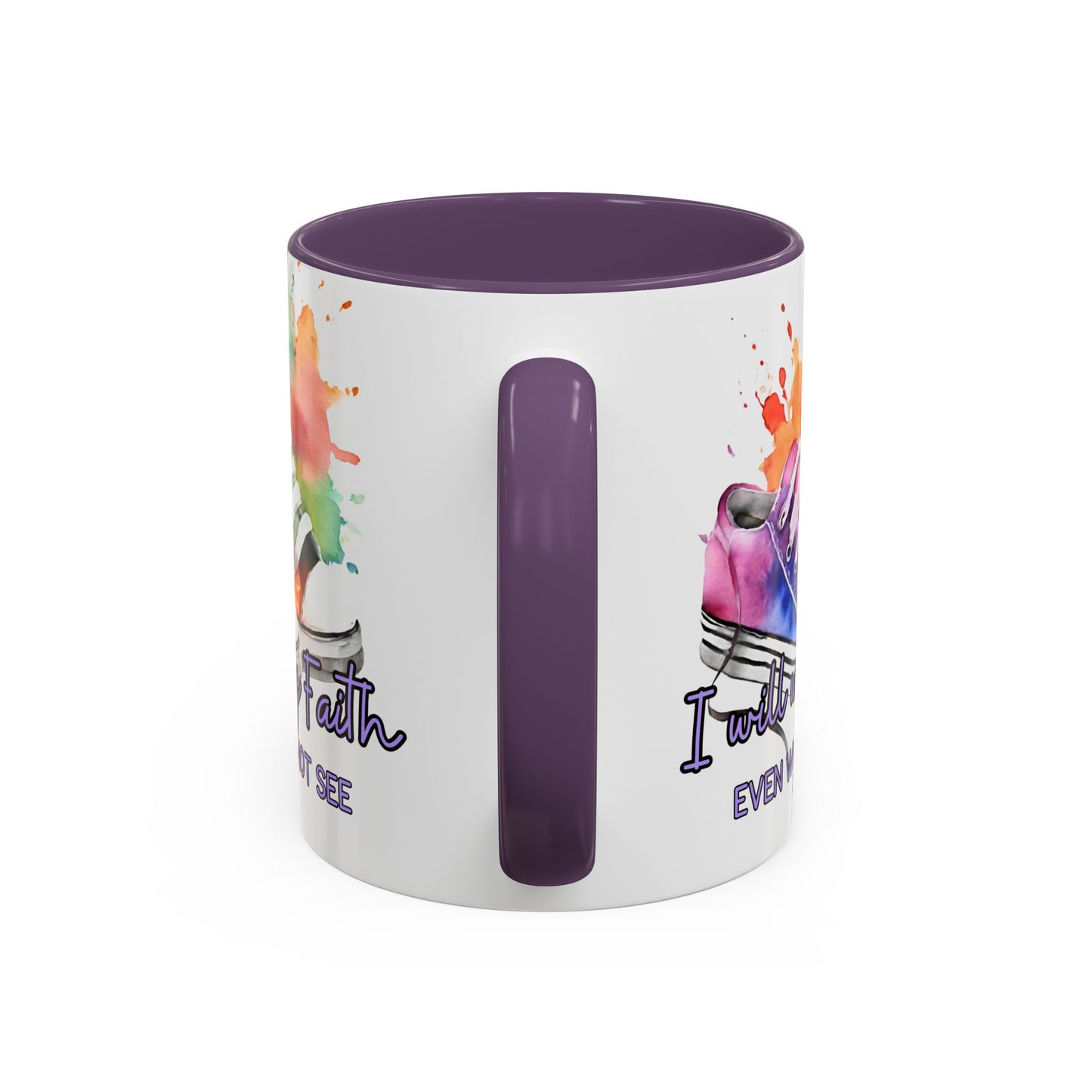 Accent Coffee Mug — "I Will Walk by Faith" Watercolor Sneakers Christian Gift (11/15oz)