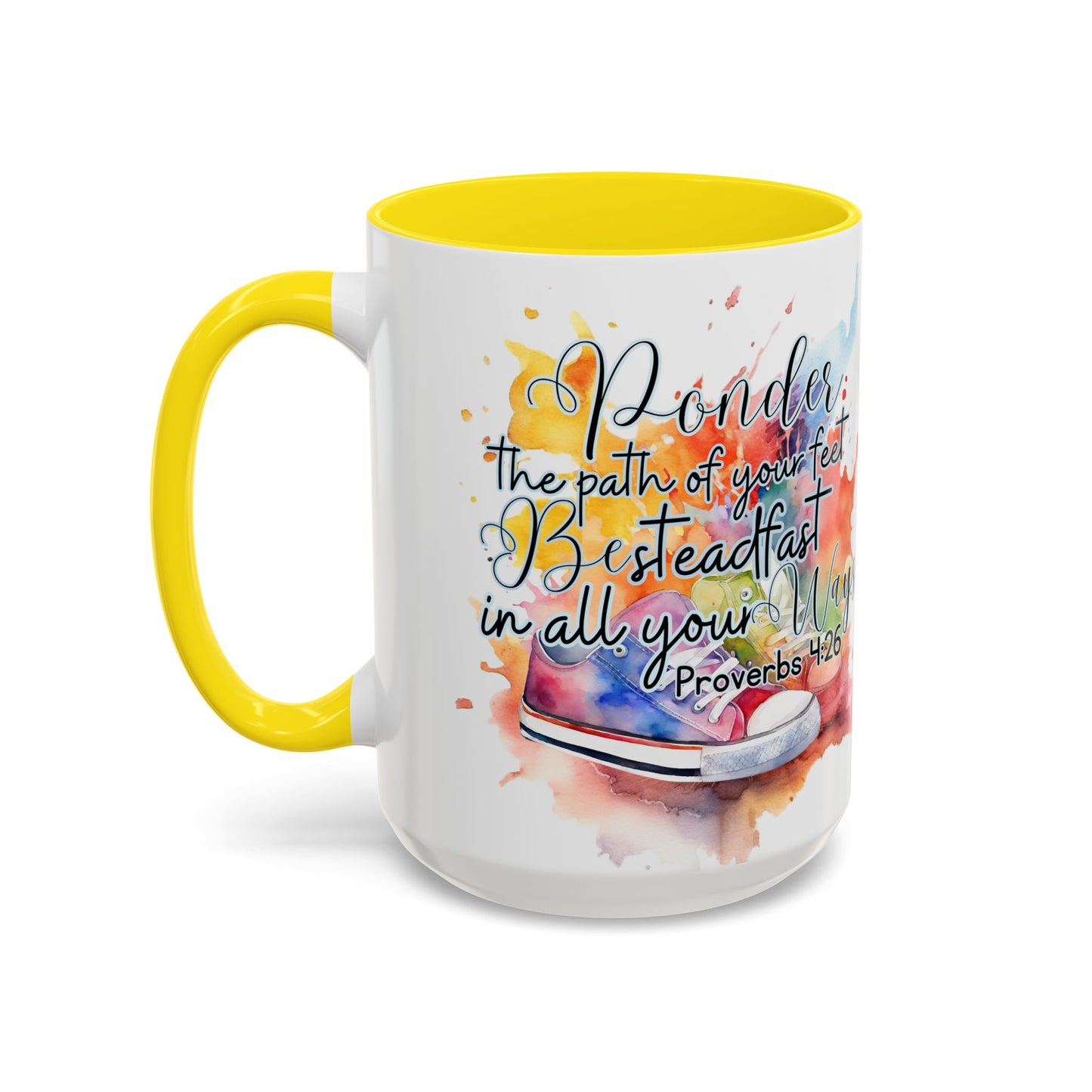 Accent Coffee Mug — Proverbs 4:26 'Ponder the Path of Your Feet' Watercolor Inspirational Mug