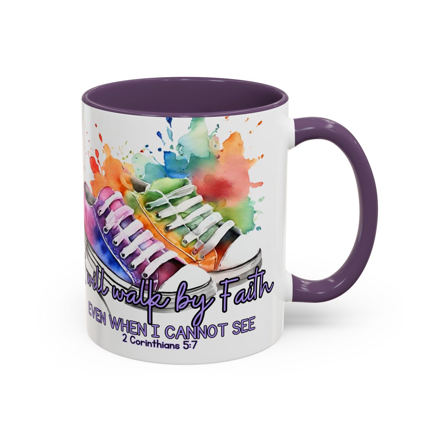 Accent Coffee Mug — "I Will Walk by Faith" Watercolor Sneakers Christian Gift (11/15oz)