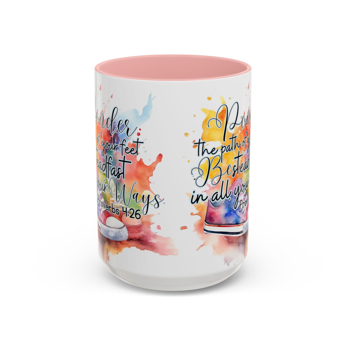 Accent Coffee Mug — Proverbs 4:26 'Ponder the Path of Your Feet' Watercolor Inspirational Mug
