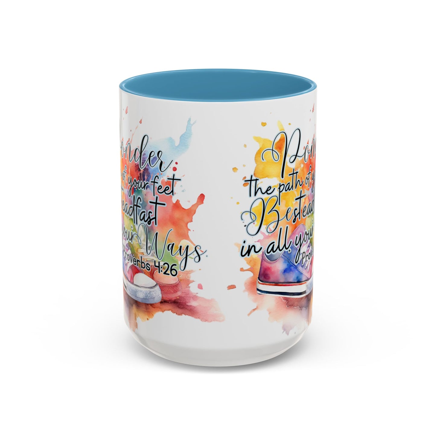 Accent Coffee Mug — Proverbs 4:26 'Ponder the Path of Your Feet' Watercolor Inspirational Mug