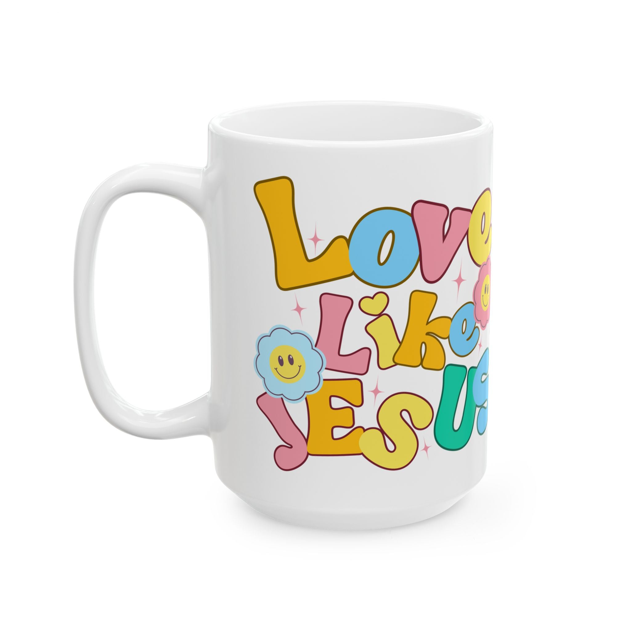 Retro 'Love Like Jesus' Ceramic Mug — Colorful Smiley Flower Faith Coffee Cup (11oz/15oz)
