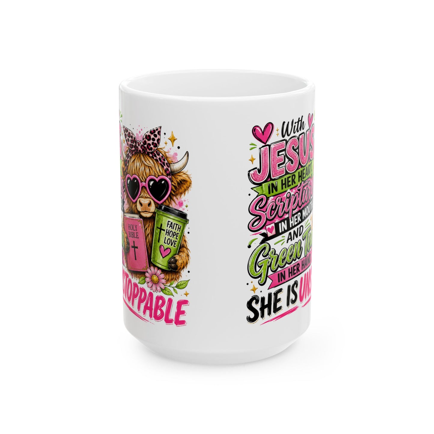 Christian Cow Illustration Mug | She Is Unstoppable Scripture Coffee Cup