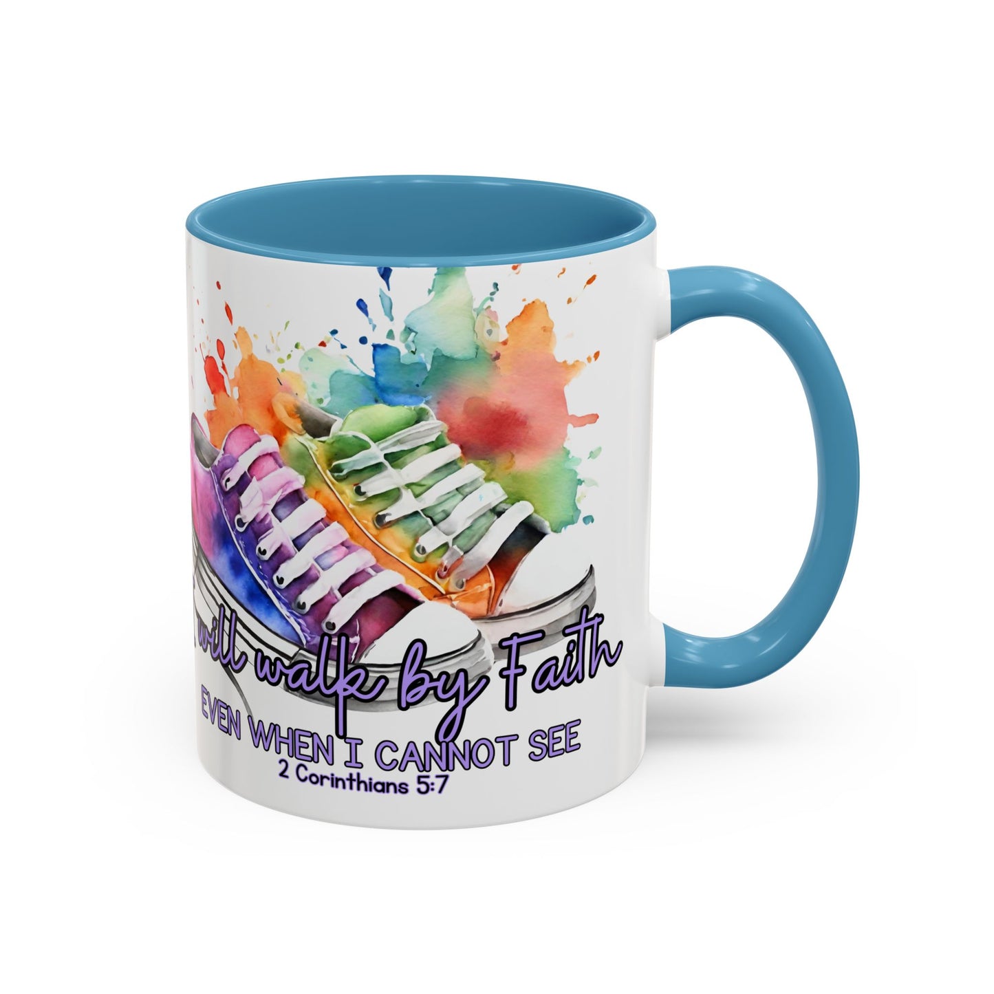 Accent Coffee Mug — "I Will Walk by Faith" Watercolor Sneakers Christian Gift (11/15oz)