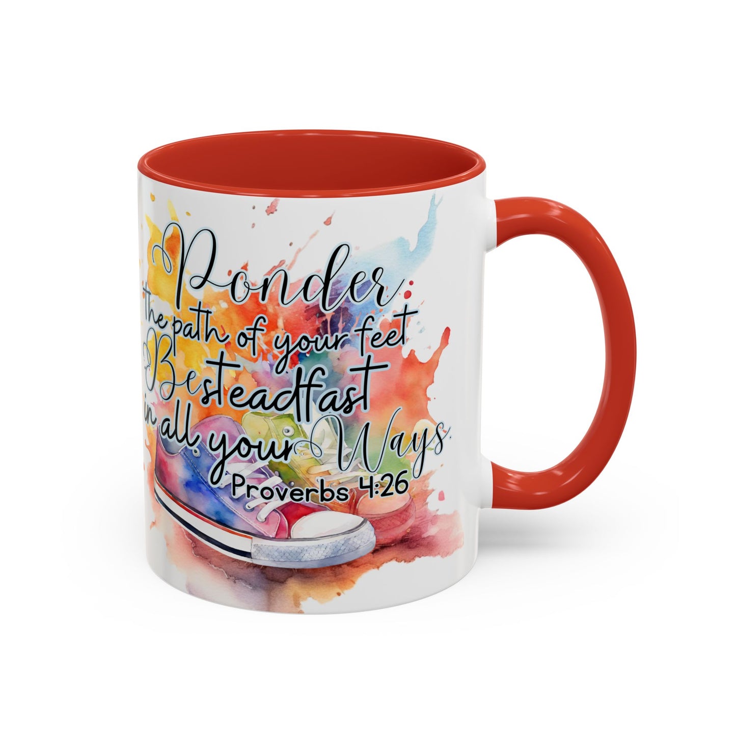 Accent Coffee Mug — Proverbs 4:26 'Ponder the Path of Your Feet' Watercolor Inspirational Mug