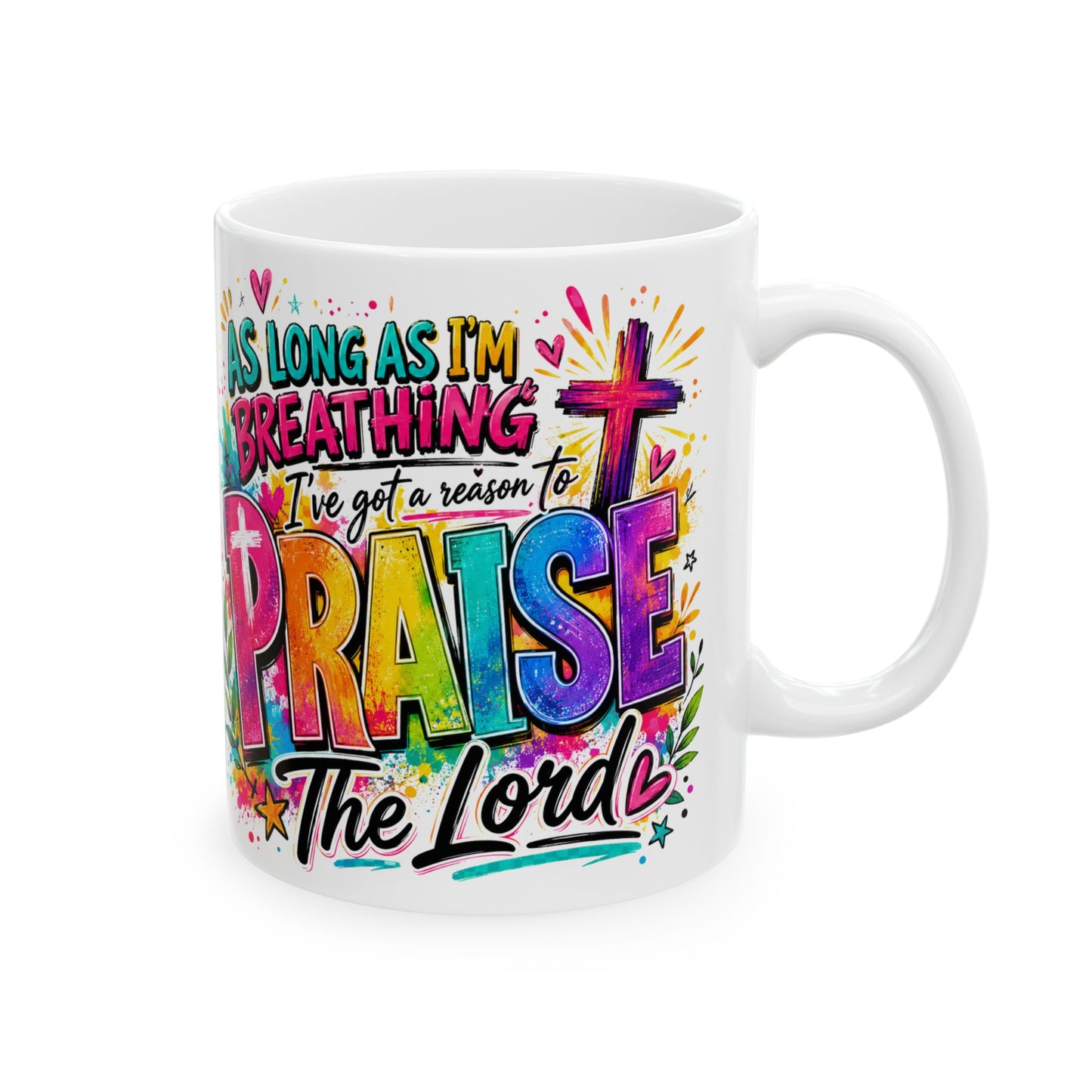 Praise Lord Christian Cross Mug | Colorful Faith Scripture Coffee Cup
