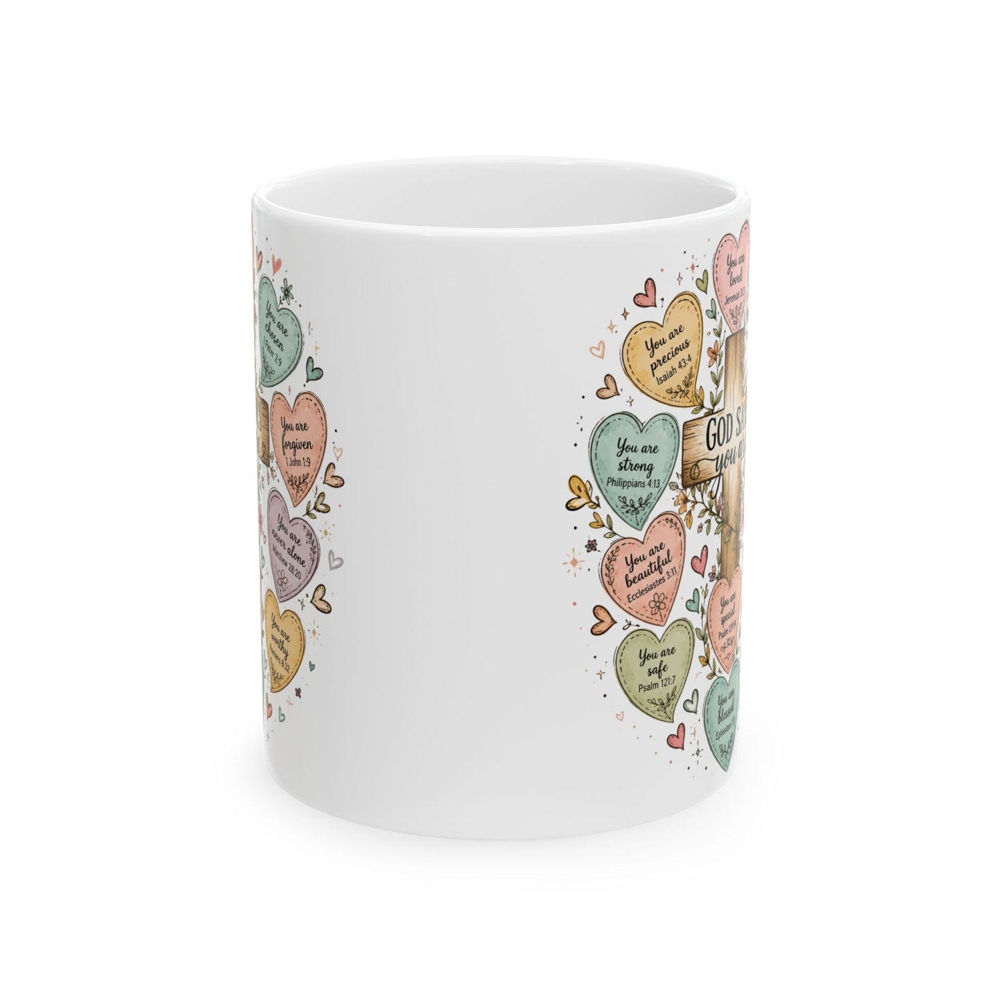 Conversation Heart Scriptures Mug | Inspirational Bible Verse Hearts