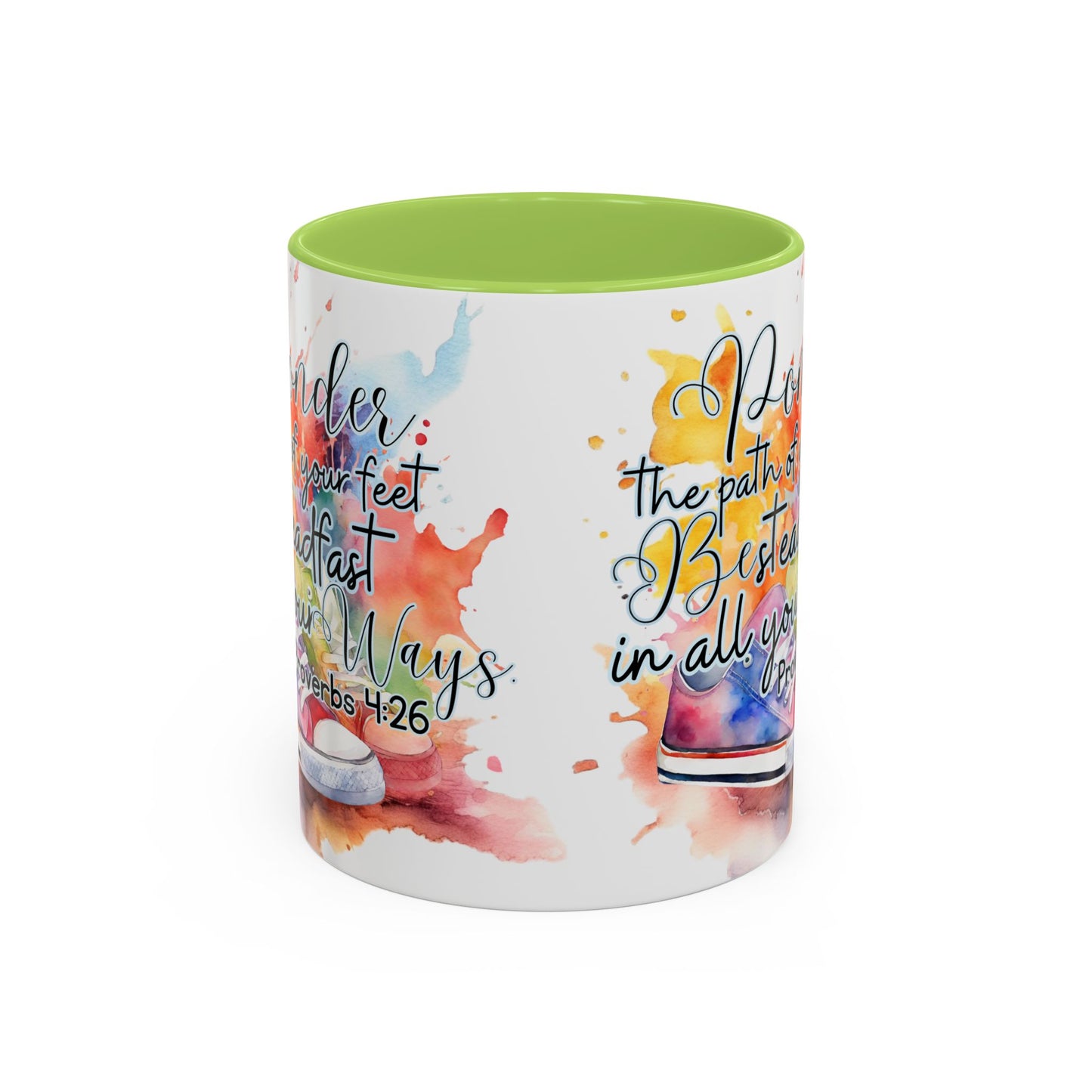 Accent Coffee Mug — Proverbs 4:26 'Ponder the Path of Your Feet' Watercolor Inspirational Mug