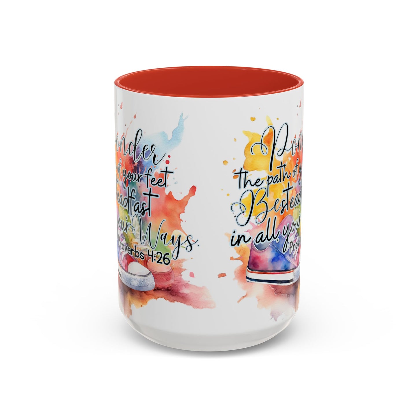 Accent Coffee Mug — Proverbs 4:26 'Ponder the Path of Your Feet' Watercolor Inspirational Mug