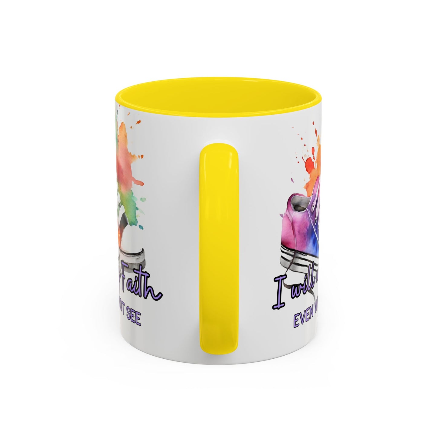 Accent Coffee Mug — "I Will Walk by Faith" Watercolor Sneakers Christian Gift (11/15oz)