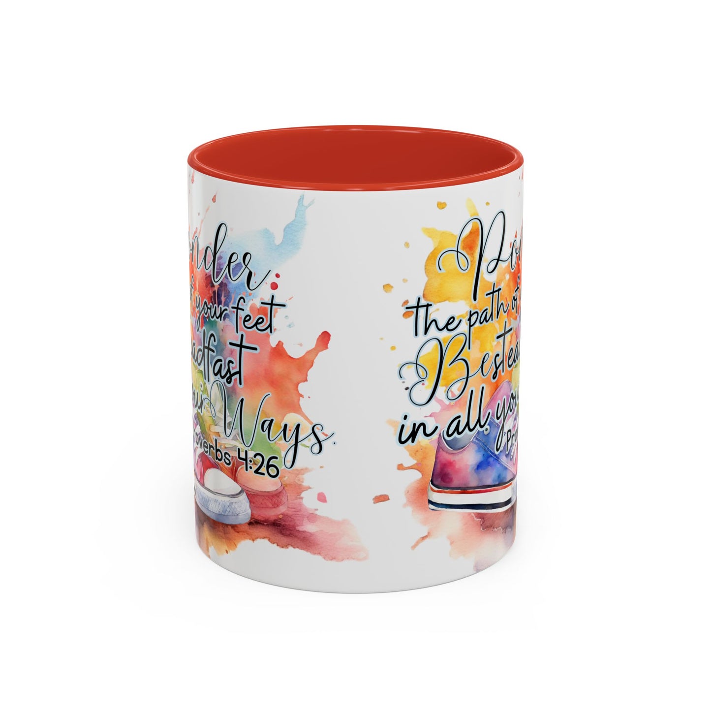 Accent Coffee Mug — Proverbs 4:26 'Ponder the Path of Your Feet' Watercolor Inspirational Mug