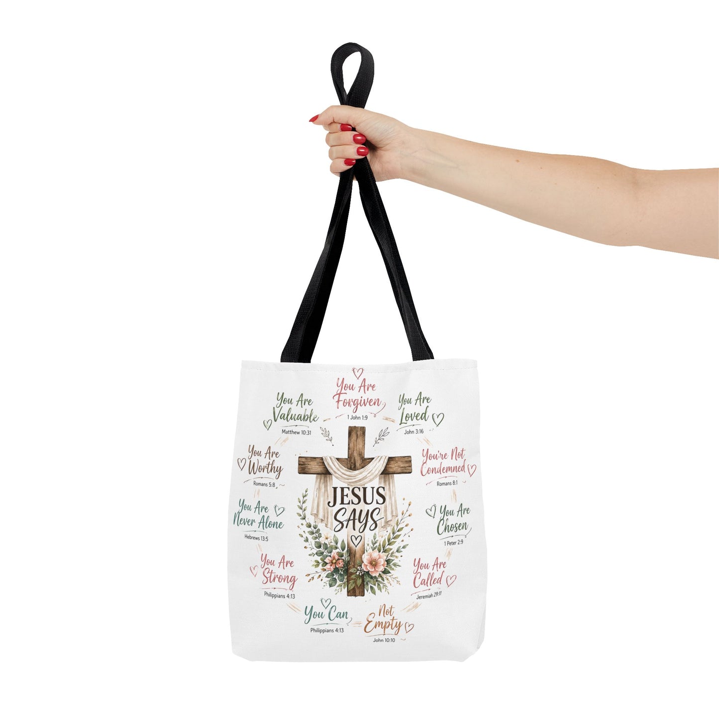 Jesus Says Cross Tote Bag | Christian Scripture Floral Design