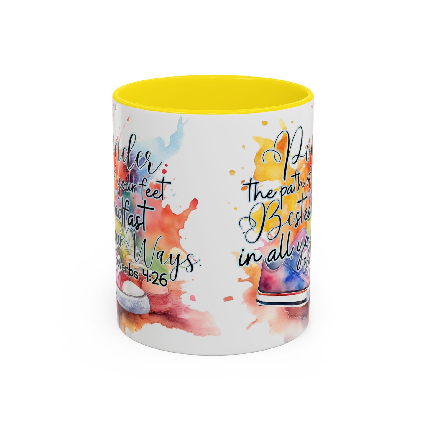 Accent Coffee Mug — Proverbs 4:26 'Ponder the Path of Your Feet' Watercolor Inspirational Mug