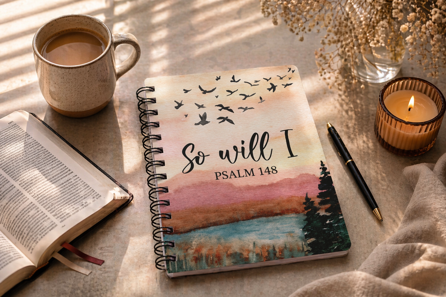 So Will I Psalm 148 Spiral Journal | Scripture Birds Landscape